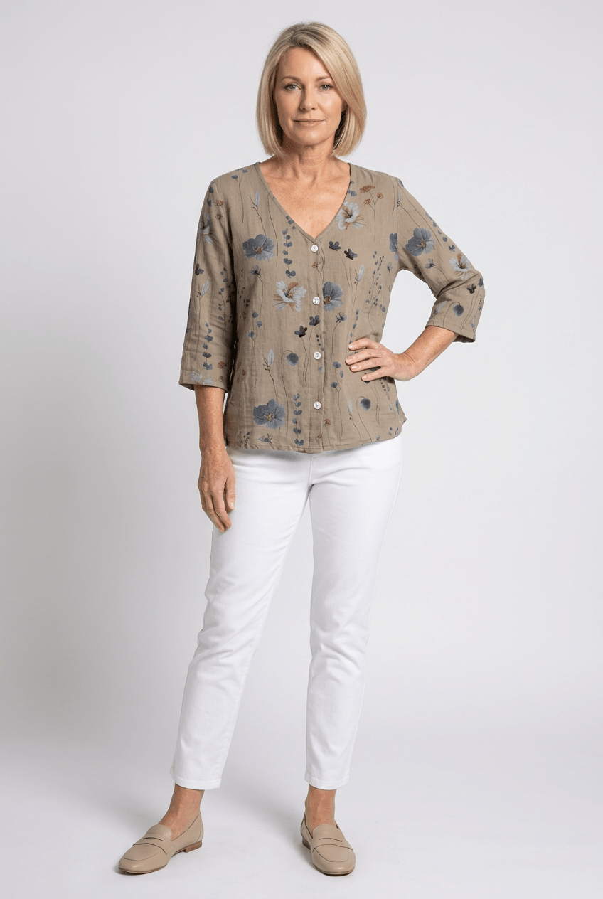Floral V-Neck Blouse — Breezy Three-Quarter Sleeves