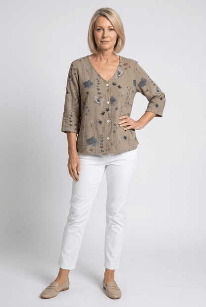 Floral V-Neck Blouse — Breezy Three-Quarter Sleeves