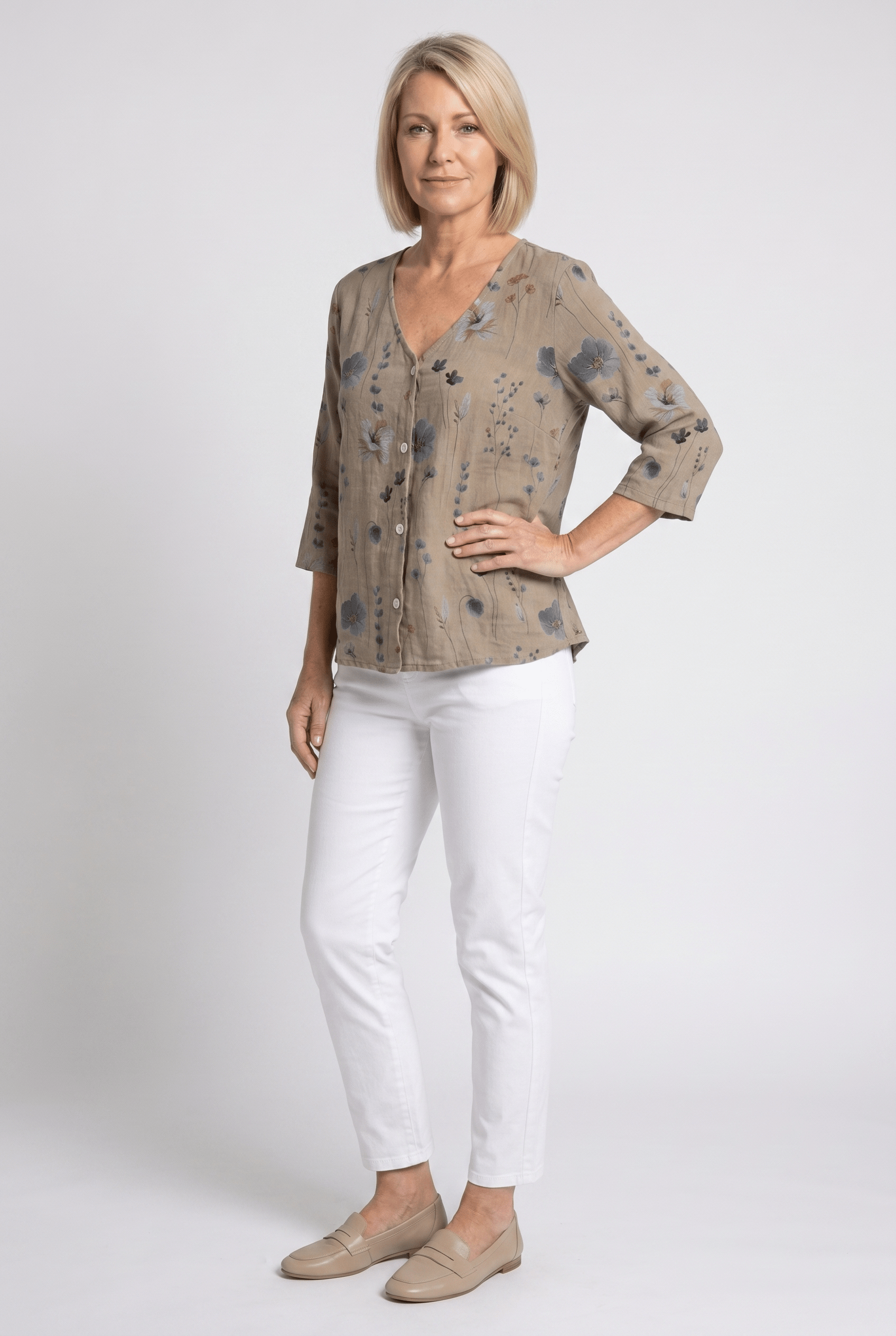 Floral V-Neck Blouse — Breezy Three-Quarter Sleeves