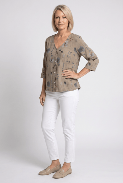 Floral V-Neck Blouse — Breezy Three-Quarter Sleeves