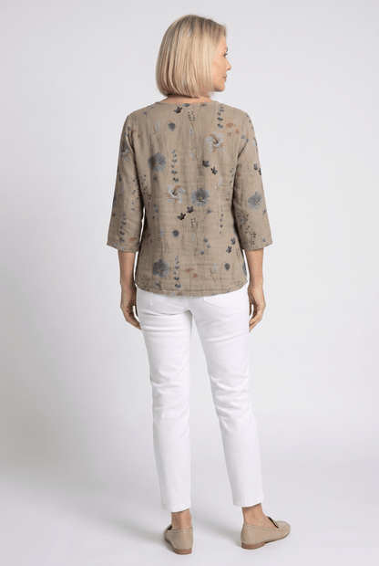 Floral V-Neck Blouse — Breezy Three-Quarter Sleeves