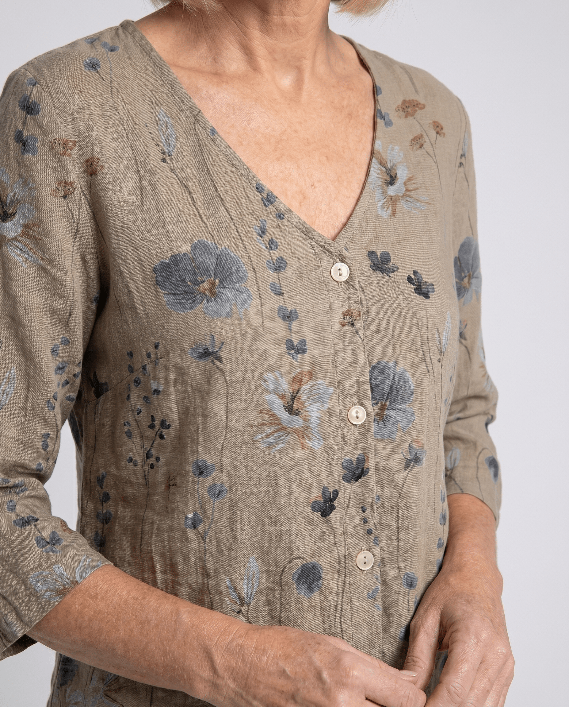 Floral V-Neck Blouse — Breezy Three-Quarter Sleeves
