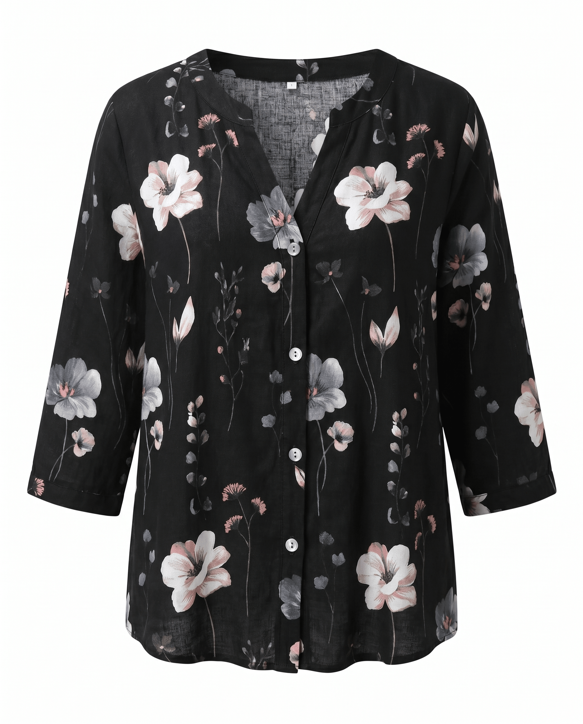 Floral V-Neck Blouse — Breezy Three-Quarter Sleeves