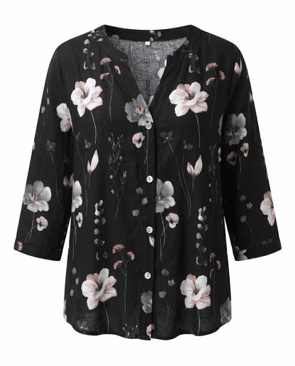 Floral V-Neck Blouse — Breezy Three-Quarter Sleeves