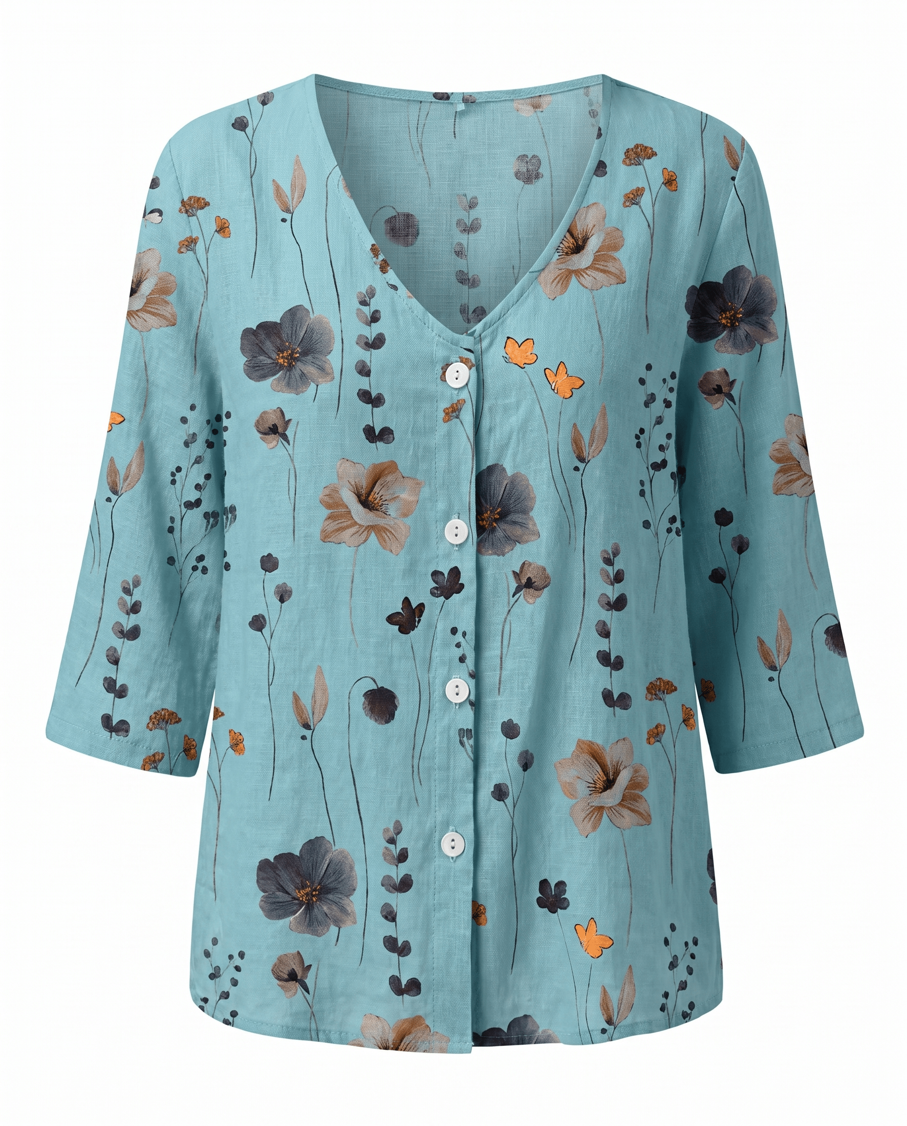 Floral V-Neck Blouse — Breezy Three-Quarter Sleeves