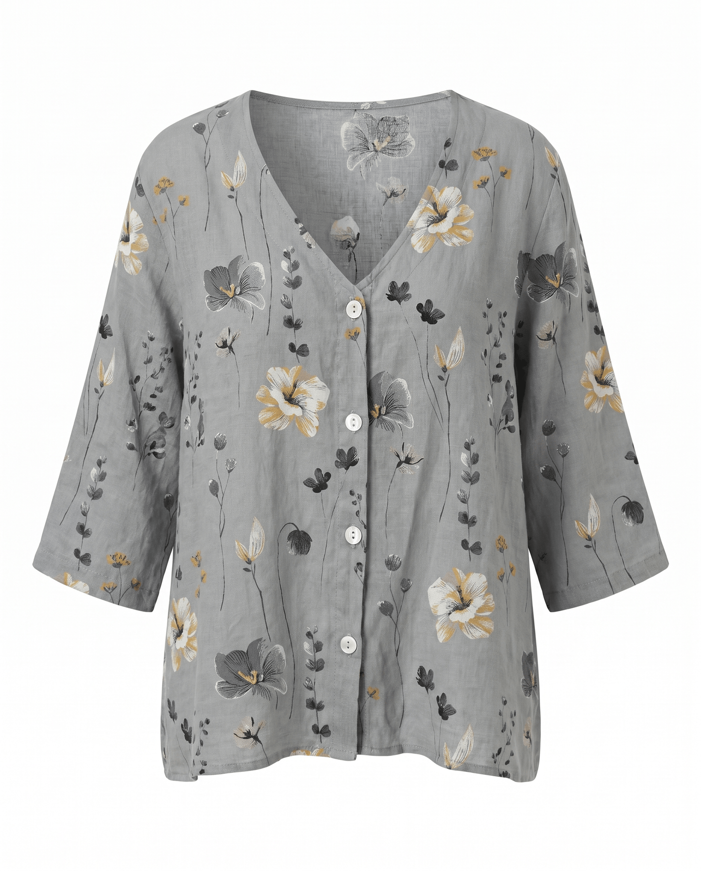 Floral V-Neck Blouse — Breezy Three-Quarter Sleeves