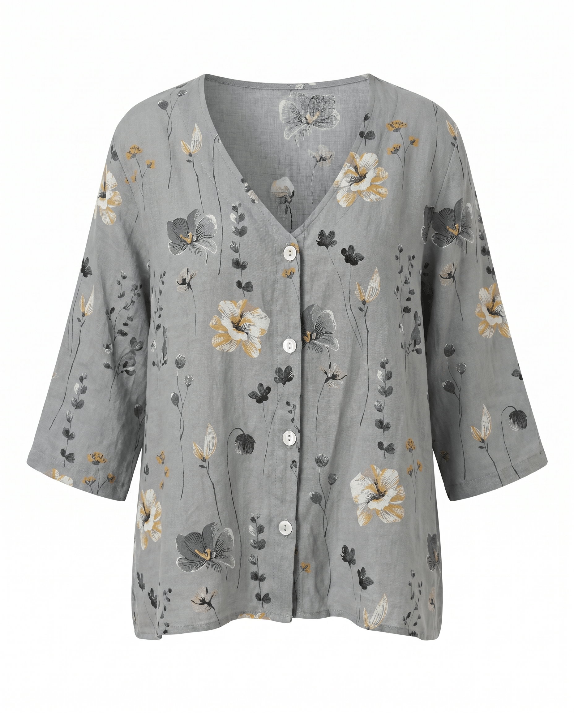 Floral V-Neck Blouse — Breezy Three-Quarter Sleeves