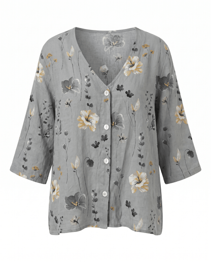 Floral V-Neck Blouse — Breezy Three-Quarter Sleeves