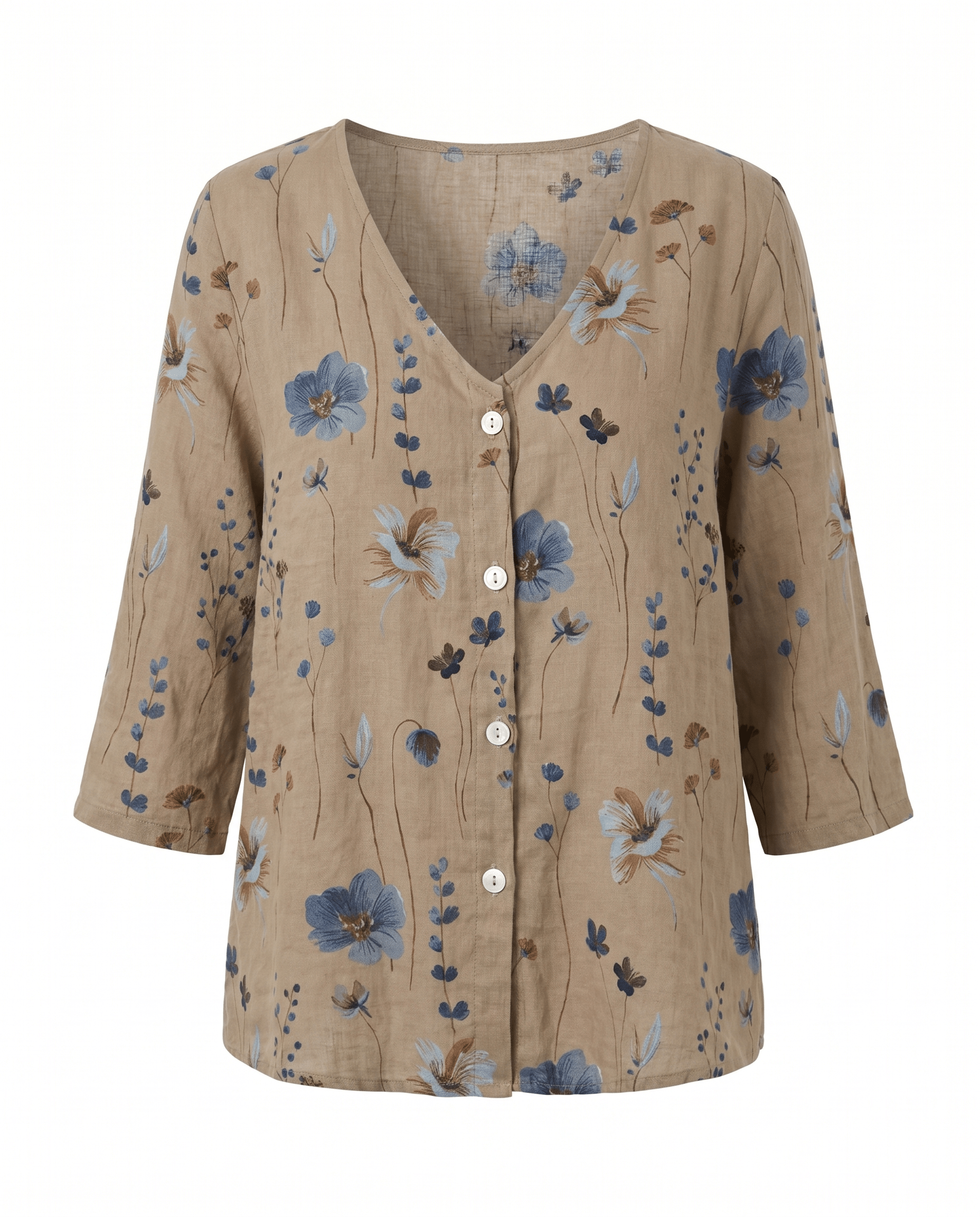 Floral V-Neck Blouse — Breezy Three-Quarter Sleeves