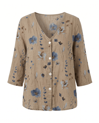 Floral V-Neck Blouse — Breezy Three-Quarter Sleeves