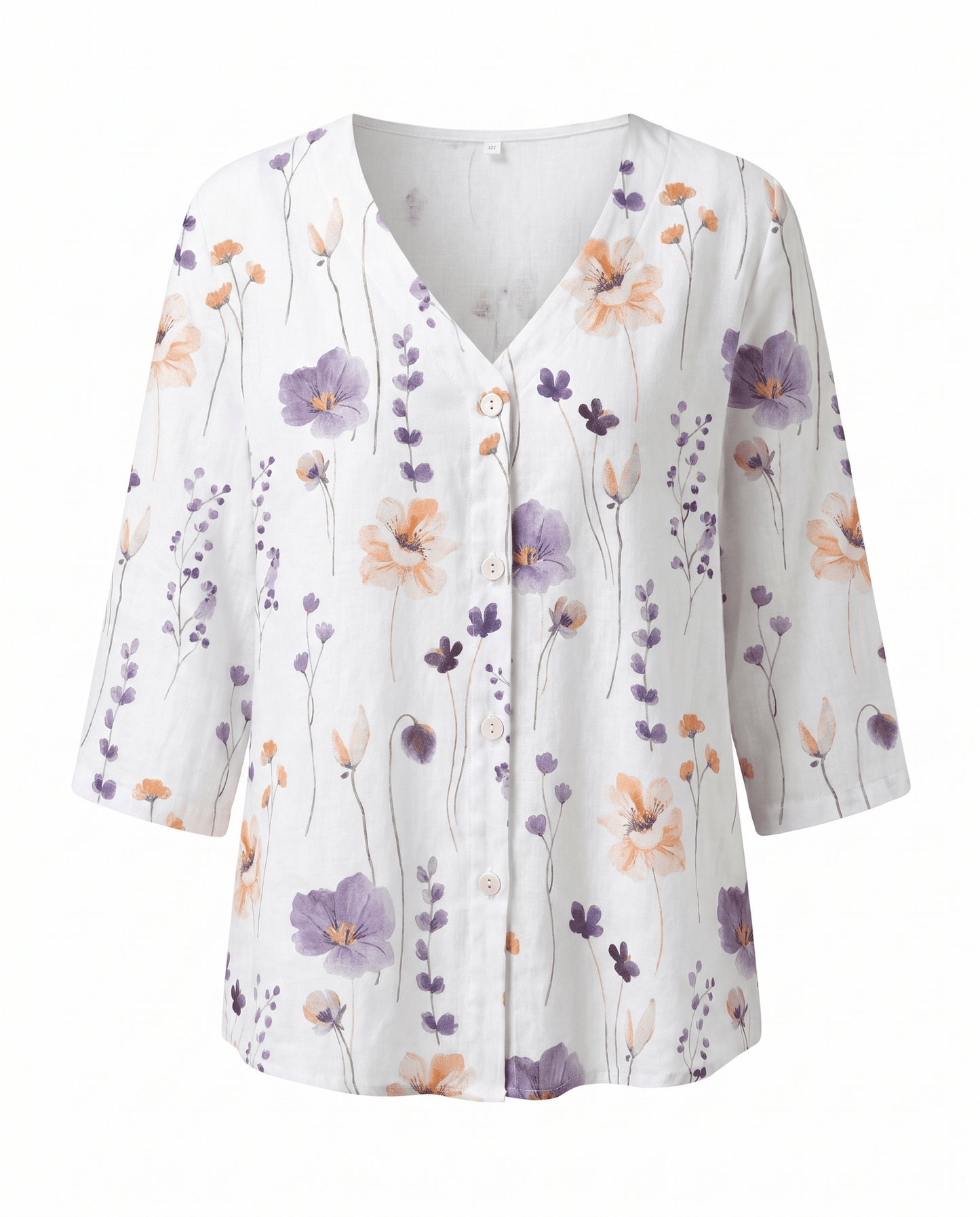 Floral V-Neck Blouse — Breezy Three-Quarter Sleeves