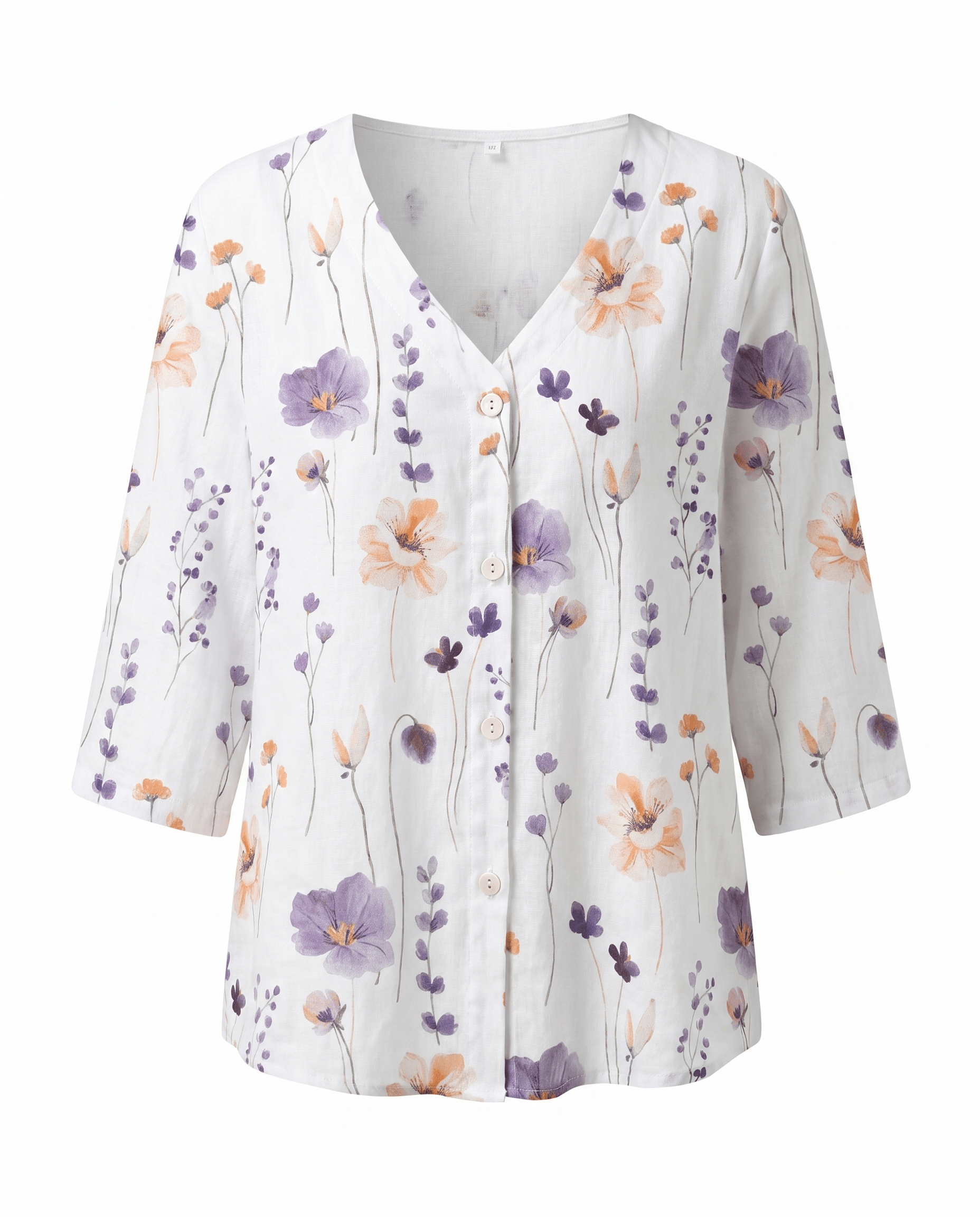 Floral V-Neck Blouse — Breezy Three-Quarter Sleeves