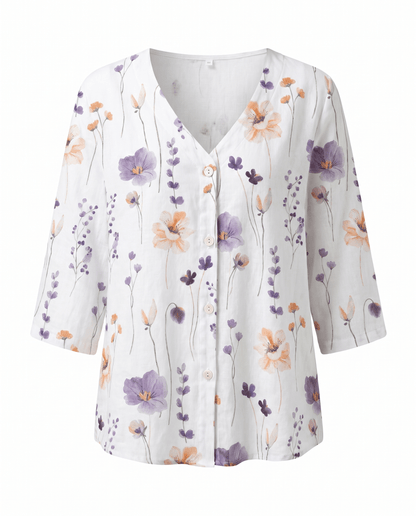 Floral V-Neck Blouse — Breezy Three-Quarter Sleeves