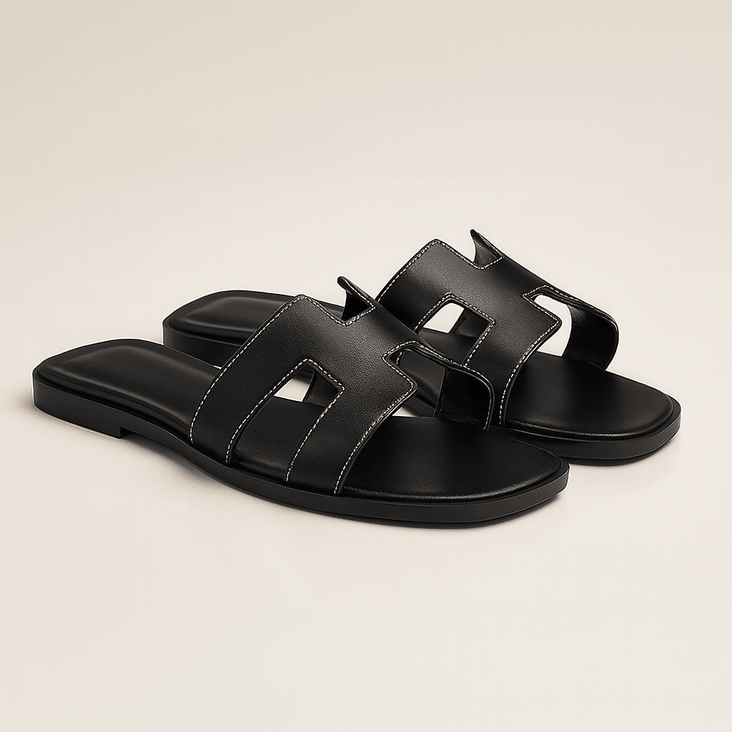 Leather Flat Sandals — Cut-Out Strap Design